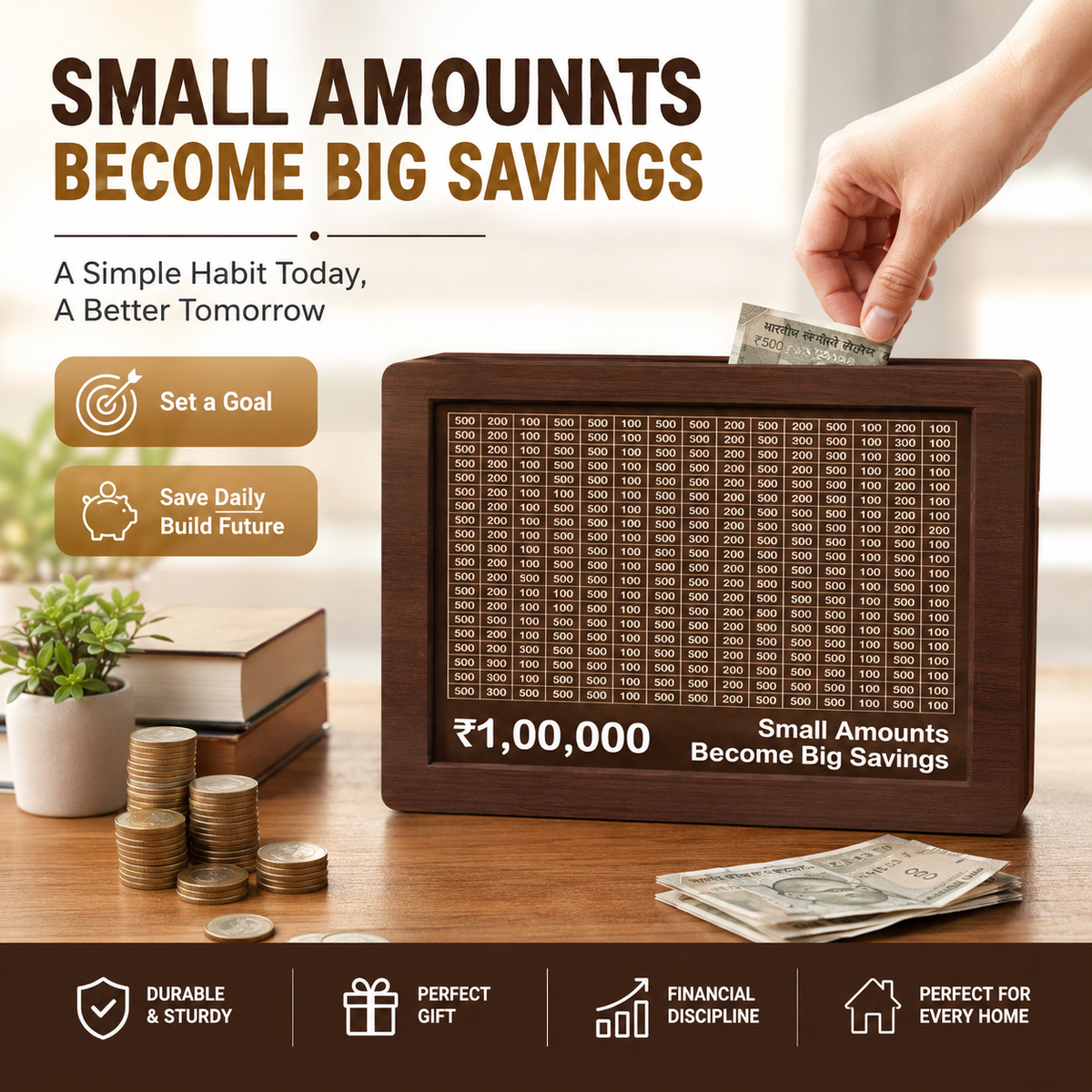 Money Saving Challenge Box ₹1,00,000 | Premium Wooden Savings Tracker Box | Cravinggs